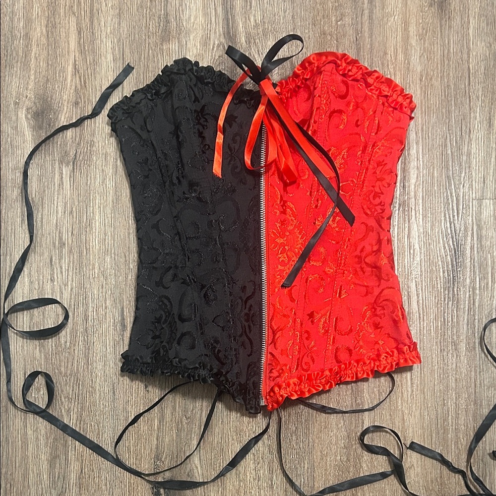 Red & Black Lace Front-Zip Corset Bustier